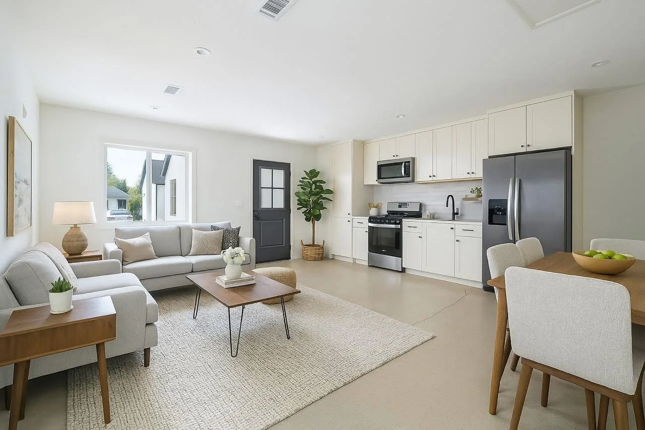 ADU interior with an open living area and kitchen