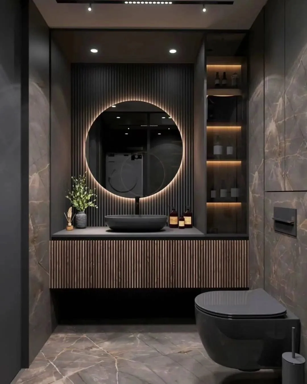 ORO 3D design render of a bathroom with dark stone walls and a backlit round mirror