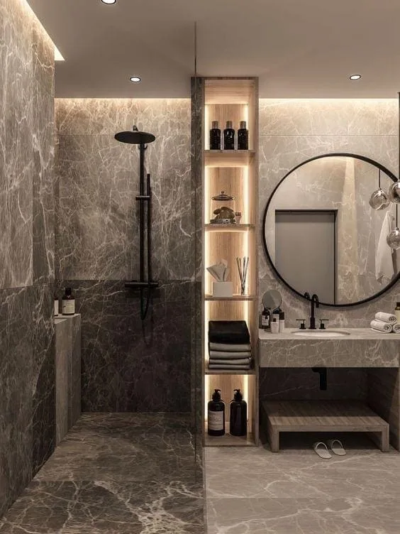 ORO 3D design render of a bathroom with gray marble and a walk-in shower