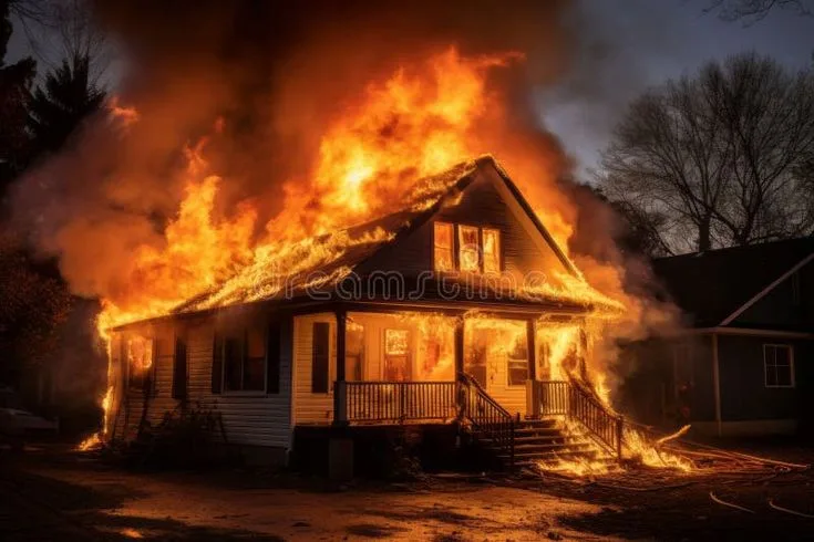 House engulfed in flames at night