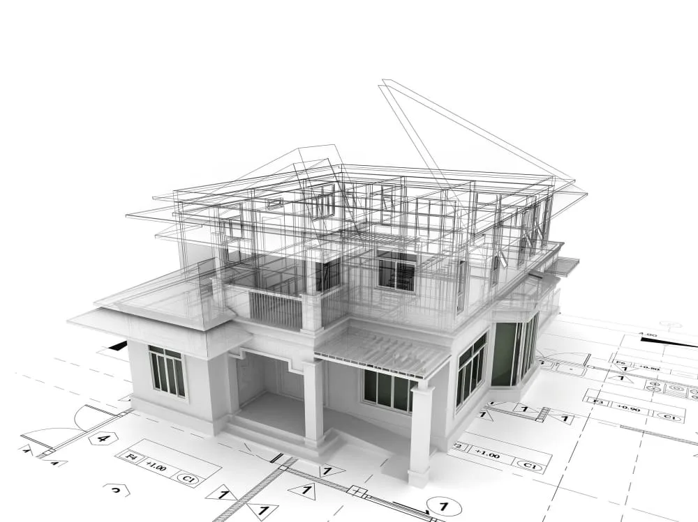 3D wireframe model of a two-story house rising from blueprints