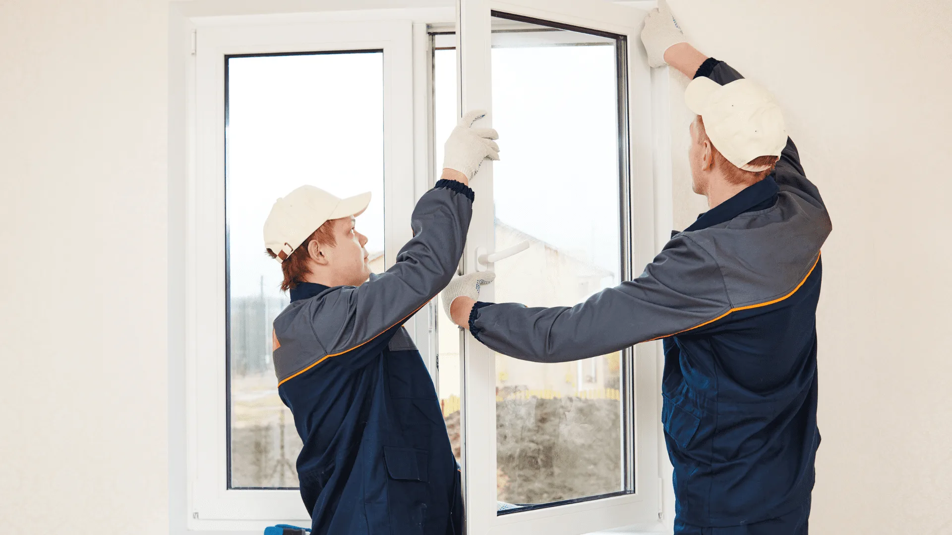 Two installers fitting a new white window frame