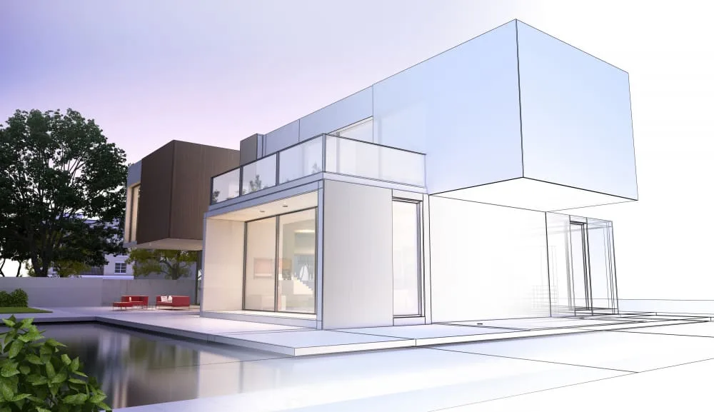 Modern house shown half as a finished rendering and half as a white 3D model