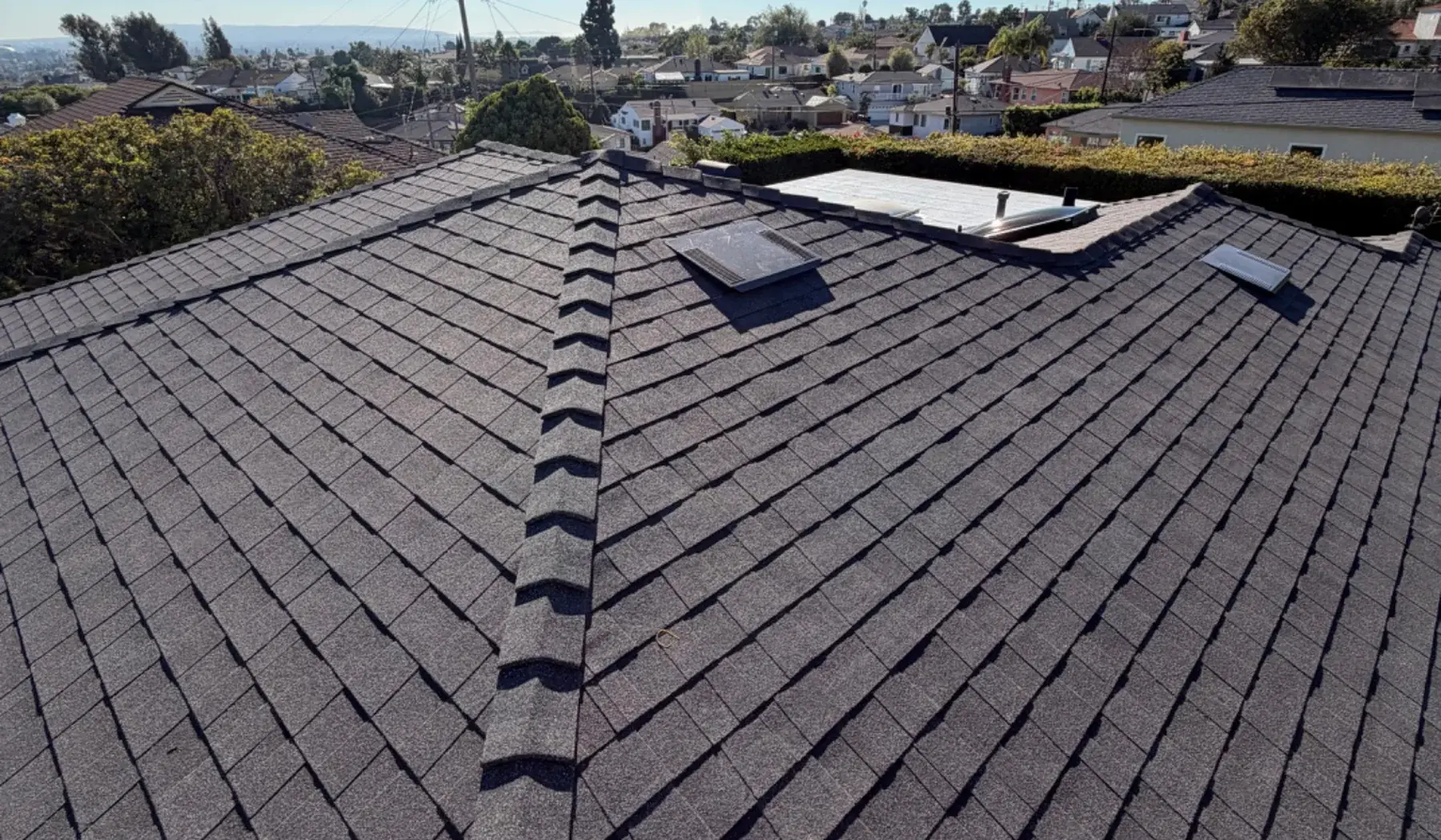 New charcoal shingle roof with skylights