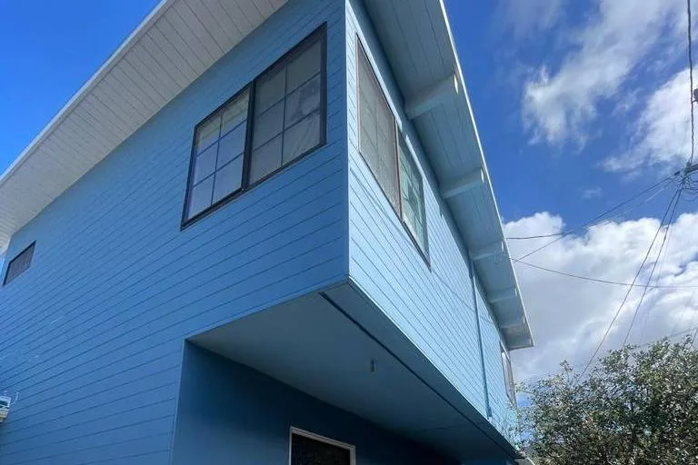 Two-storey exterior with new light blue horizontal siding, white eaves and dark window frames at 346 Evergreen Dr, San Francisco