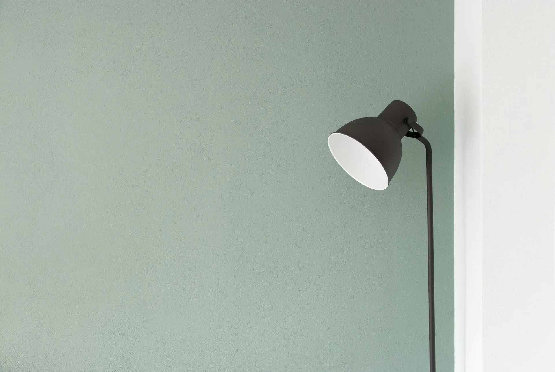 Sage green painted wall with a black floor lamp